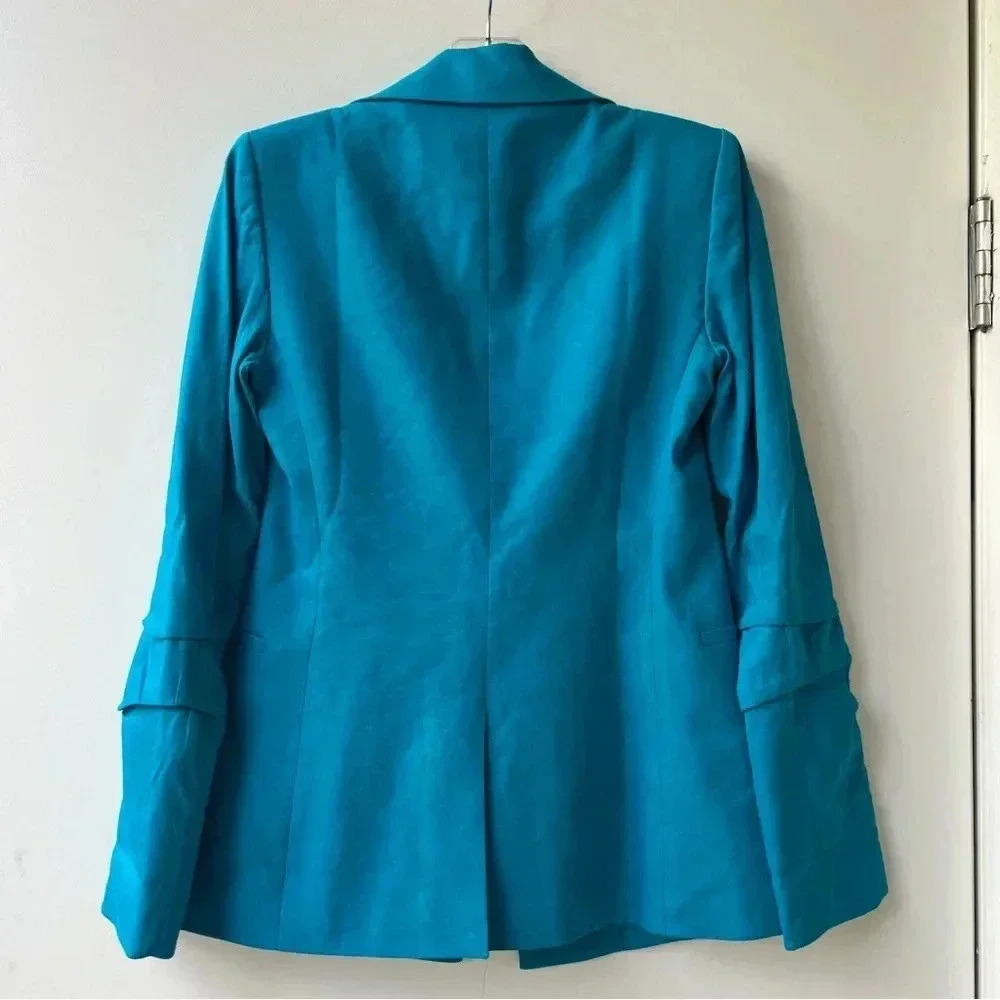 Alice + Olivia Pailey Fitted Notch Collar Blazer - Ocean Blue Linen - Size 0 - Picture 6 of 14